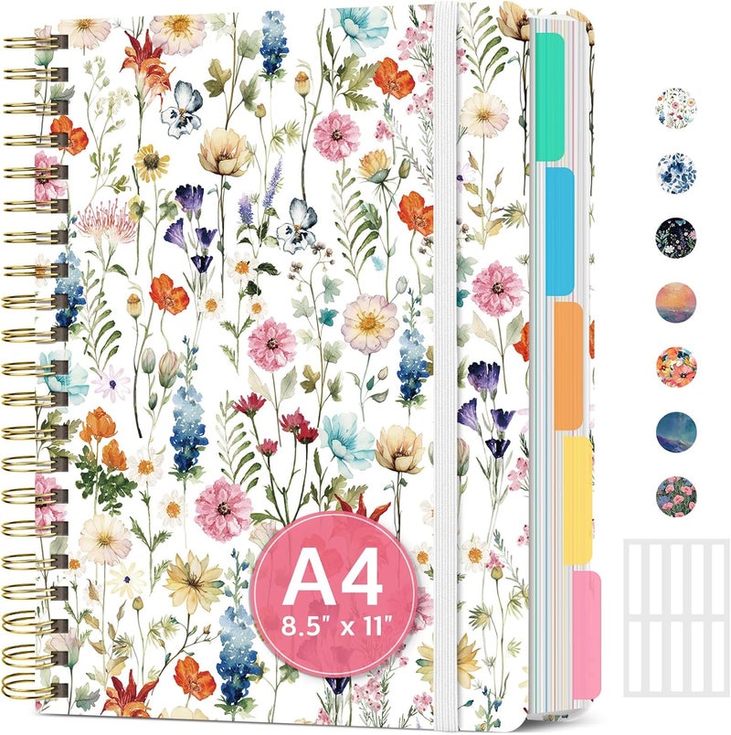 Taja Large Spiral Lined Notebooks for Work with Removable Dividers & Tabs, 8.5"x11" Pretty Hardcover 5 Subject Notebook Journal for Women, College Ruled, Perfect for Study & Office Organization, 280 Pages,Wildflowers - Image 1